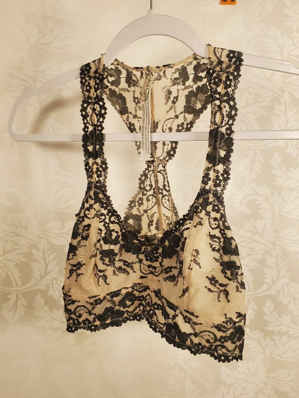 Free People Black Lace Overlay Racerback Bralette on Cream - Picture 3 of 6